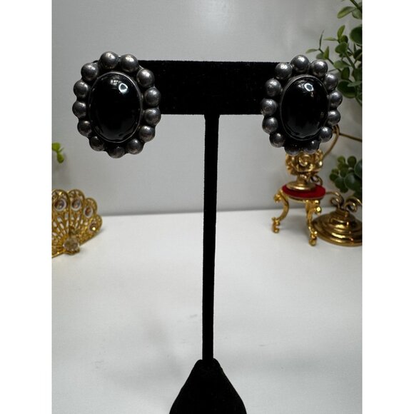 Mexican Sterling Silver Taxco Mexico Cabochon Onyx Oval Stud Earrings Modernist - Picture 2 of 10